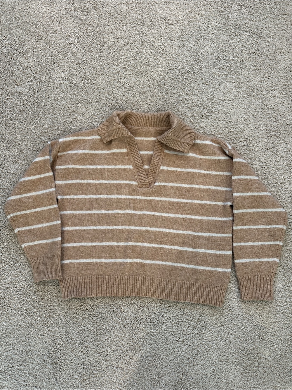 Striped Tan V-Neck Collared Sweater